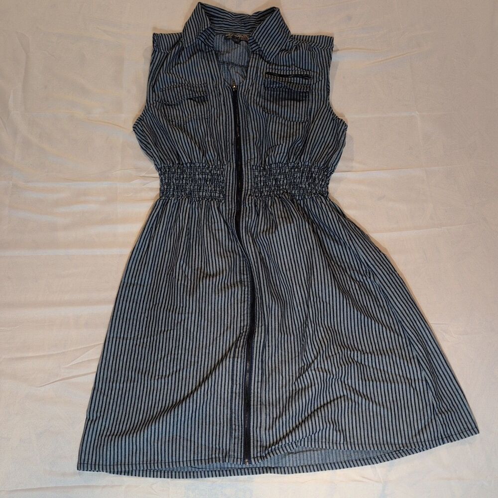 J Gee Dress Women Medium Blue Striped Full Zip Smocked Waist S Large Sleeveless
